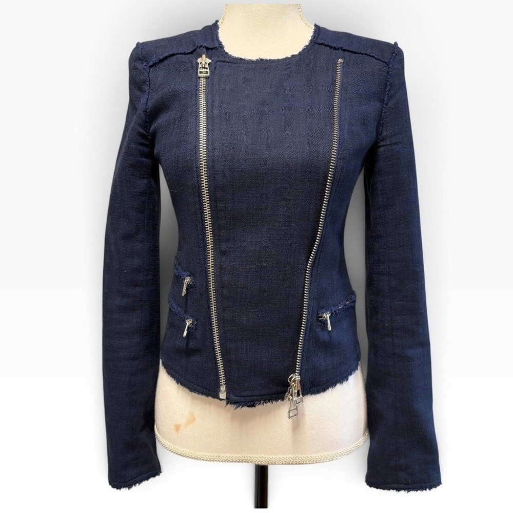 Veronica Beard Navy Blue Multi-Zip Raw Edge Moto Jacket Size 0 Portugal SBT1276